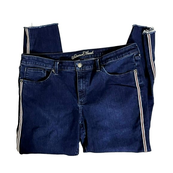 Universal Threads Dark Blue Cropped Jeans Red & White Stripe 16 NEW - Picture 2 of 16